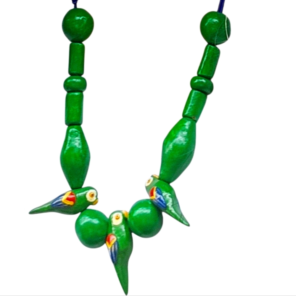 Green Parrot Wooden Beaded with Adjustable Twee Novelty Necklace